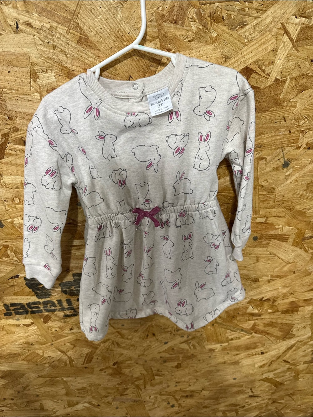 Children's Bunny Print Long Sleeve Pajama Dress - Beige with Pink Accents